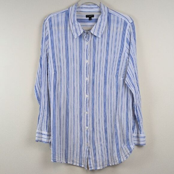Talbots Plus Blue & White Cotton Button Front Shirt Classic Mixed Striped Top - Picture 1 of 8